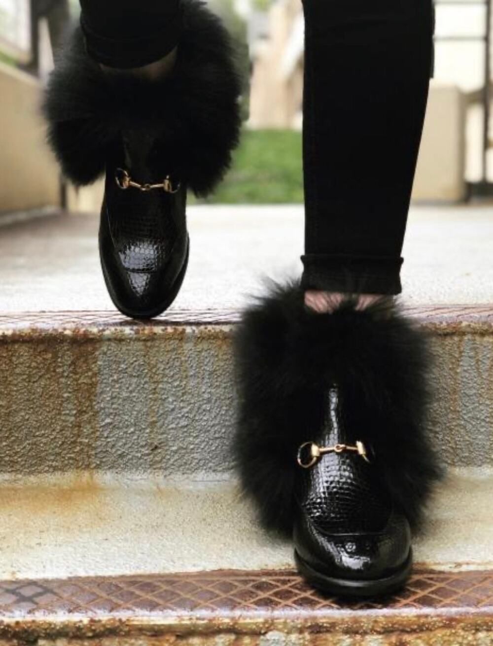 VINCI The Izmir Black Patent Leather Natural Fur Mid Calf Boot Woman’s 39/9
